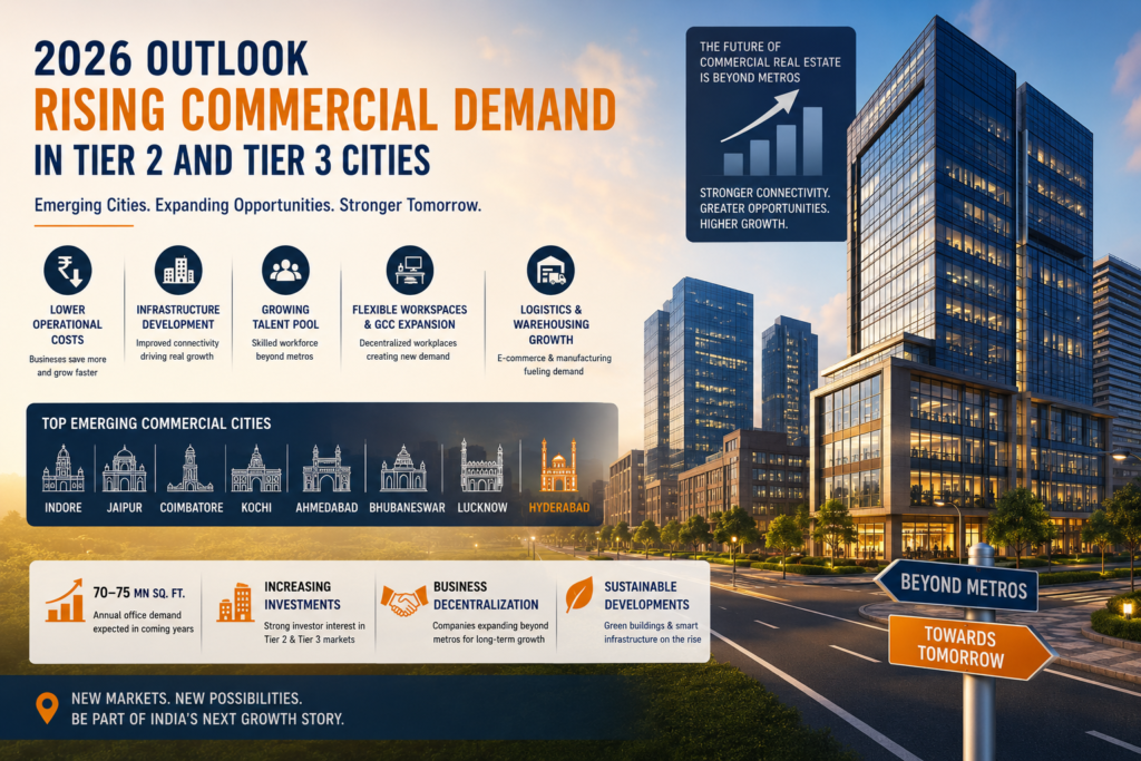 Explore Tier 2 & Tier 3 cities driving India’s 2026 commercial real estate growth alongside Hyderabad’s booming business and investment ecosystem.