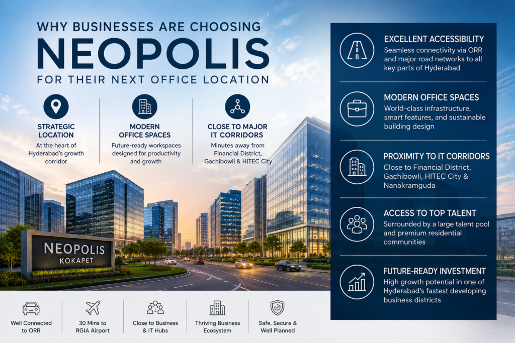 Explore why businesses are choosing Neopolis Kokapet for offices, with excellent connectivity, modern workspaces, and proximity to Hyderabad's IT hubs.